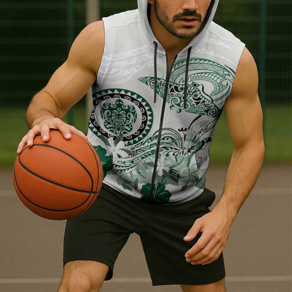 Polynesian Manta Ray Sleeveless Zip Hoodie Green Floral Turtle Tattoo - Polynesian Pride