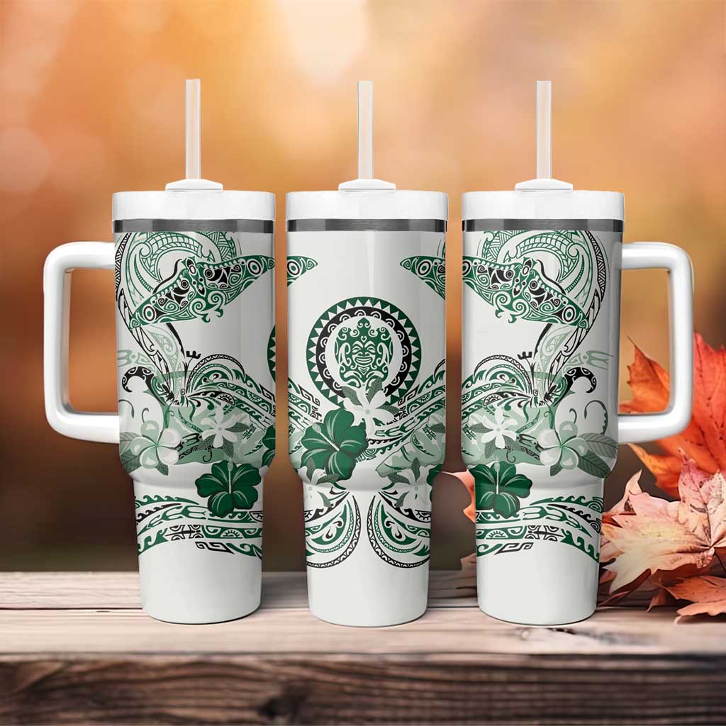 Polynesian Manta Ray Tumbler With Handle Green Floral Turtle Tattoo LT9 - Polynesian Pride