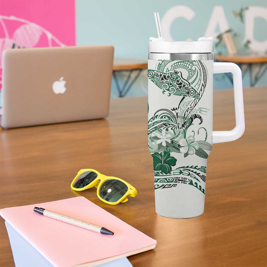 Polynesian Manta Ray Tumbler With Handle Green Floral Turtle Tattoo LT9 - Polynesian Pride