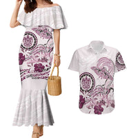 Polynesian Manta Ray Couples Matching Mermaid Dress and Hawaiian Shirt Pink Floral Turtle Tattoo - Polynesian Pride