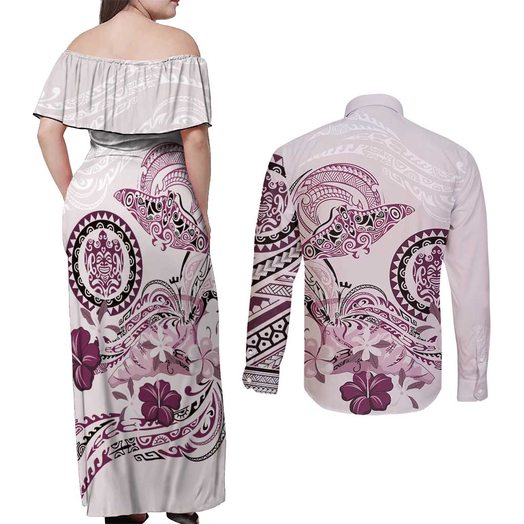 Polynesian Manta Ray Couples Matching Off Shoulder Maxi Dress and Long Sleeve Button Shirt Pink Floral Turtle Tattoo LT9 - Polynesian Pride
