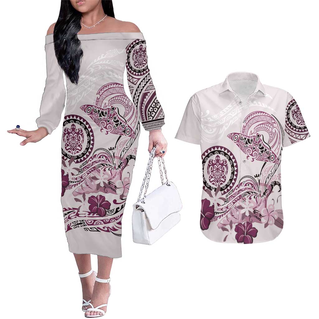 Polynesian Manta Ray Couples Matching Off The Shoulder Long Sleeve Dress and Hawaiian Shirt Pink Floral Turtle Tattoo - Polynesian Pride