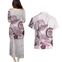 Polynesian Manta Ray Couples Matching Puletasi and Hawaiian Shirt Pink Floral Turtle Tattoo - Polynesian Pride