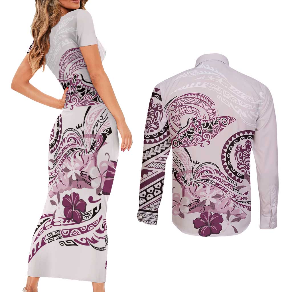 Polynesian Manta Ray Couples Matching Short Sleeve Bodycon Dress and Long Sleeve Button Shirt Pink Floral Turtle Tattoo - Polynesian Pride