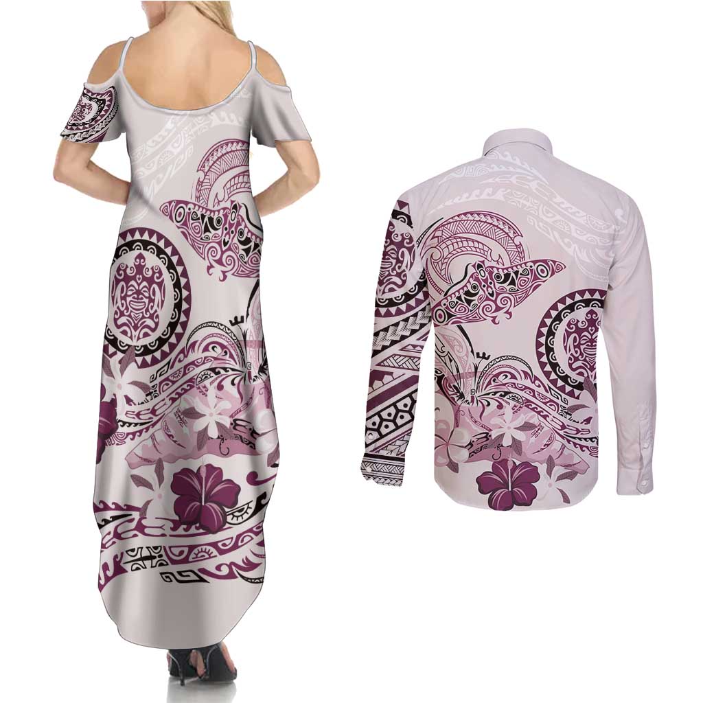 Polynesian Manta Ray Couples Matching Summer Maxi Dress and Long Sleeve Button Shirt Pink Floral Turtle Tattoo - Polynesian Pride