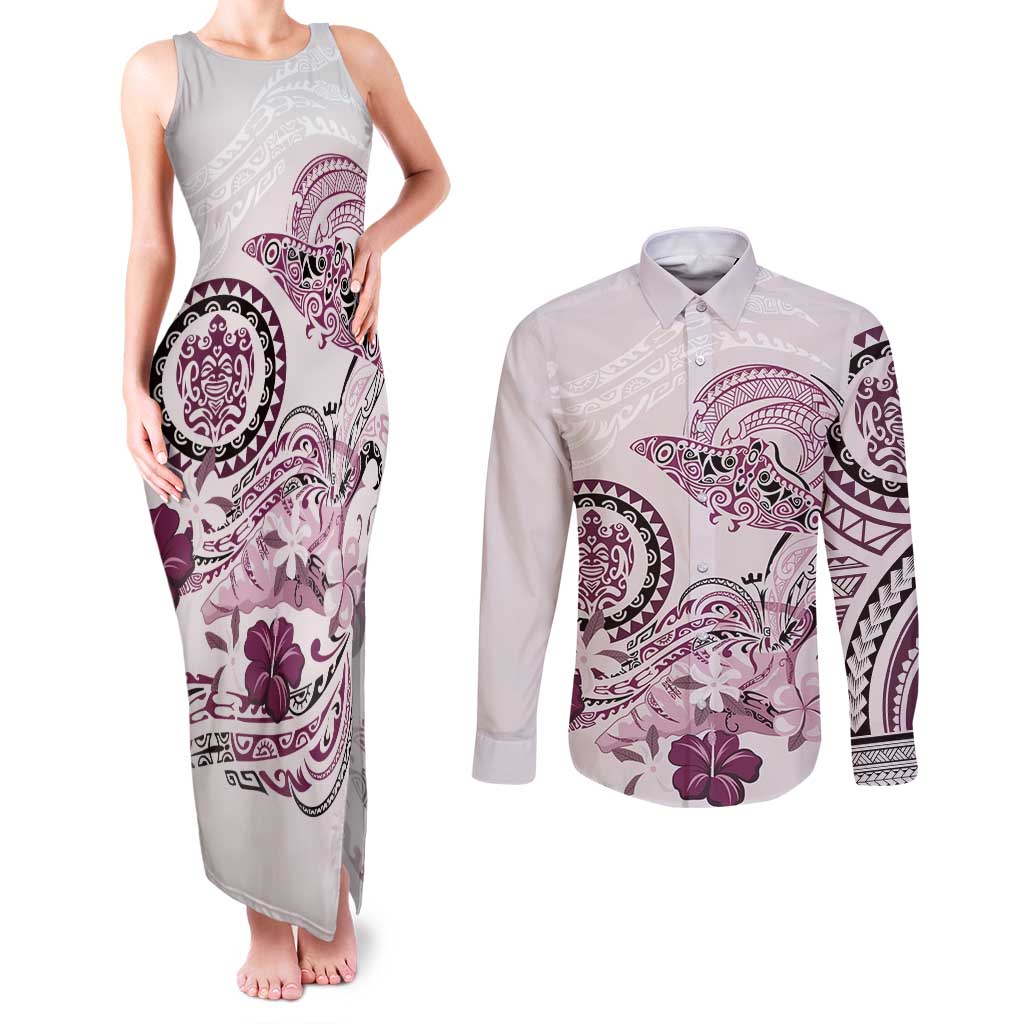 Polynesian Manta Ray Couples Matching Tank Maxi Dress and Long Sleeve Button Shirt Pink Floral Turtle Tattoo - Polynesian Pride