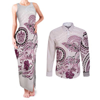 Polynesian Manta Ray Couples Matching Tank Maxi Dress and Long Sleeve Button Shirt Pink Floral Turtle Tattoo - Polynesian Pride