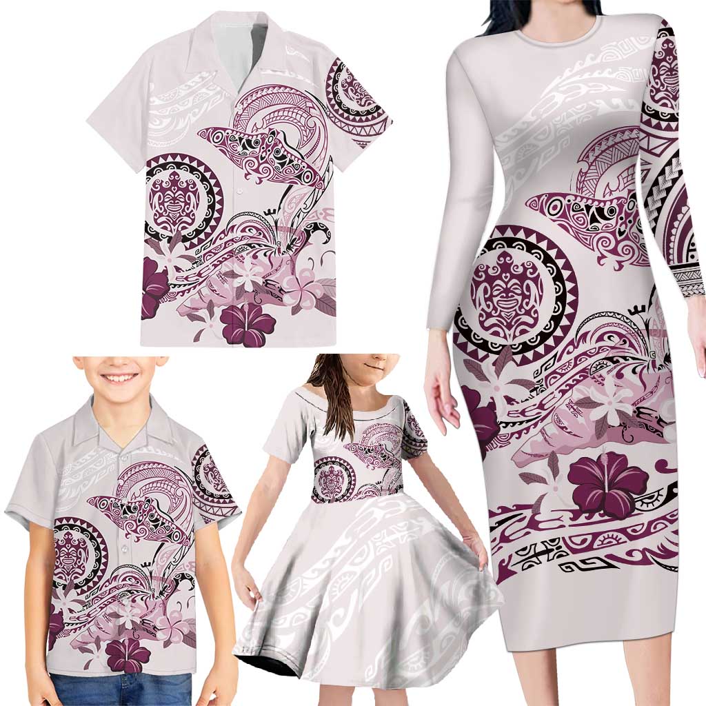 Polynesian Manta Ray Family Matching Long Sleeve Bodycon Dress and Hawaiian Shirt Pink Floral Turtle Tattoo LT9 - Polynesian Pride