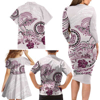 Polynesian Manta Ray Family Matching Long Sleeve Bodycon Dress and Hawaiian Shirt Pink Floral Turtle Tattoo LT9 - Polynesian Pride