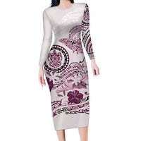 Polynesian Manta Ray Family Matching Long Sleeve Bodycon Dress and Hawaiian Shirt Pink Floral Turtle Tattoo LT9 Mom's Dress Pink - Polynesian Pride