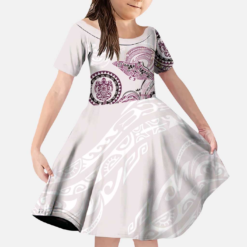 Polynesian Manta Ray Family Matching Mermaid Dress and Hawaiian Shirt Pink Floral Turtle Tattoo LT9 Daughter's Dress Pink - Polynesian Pride