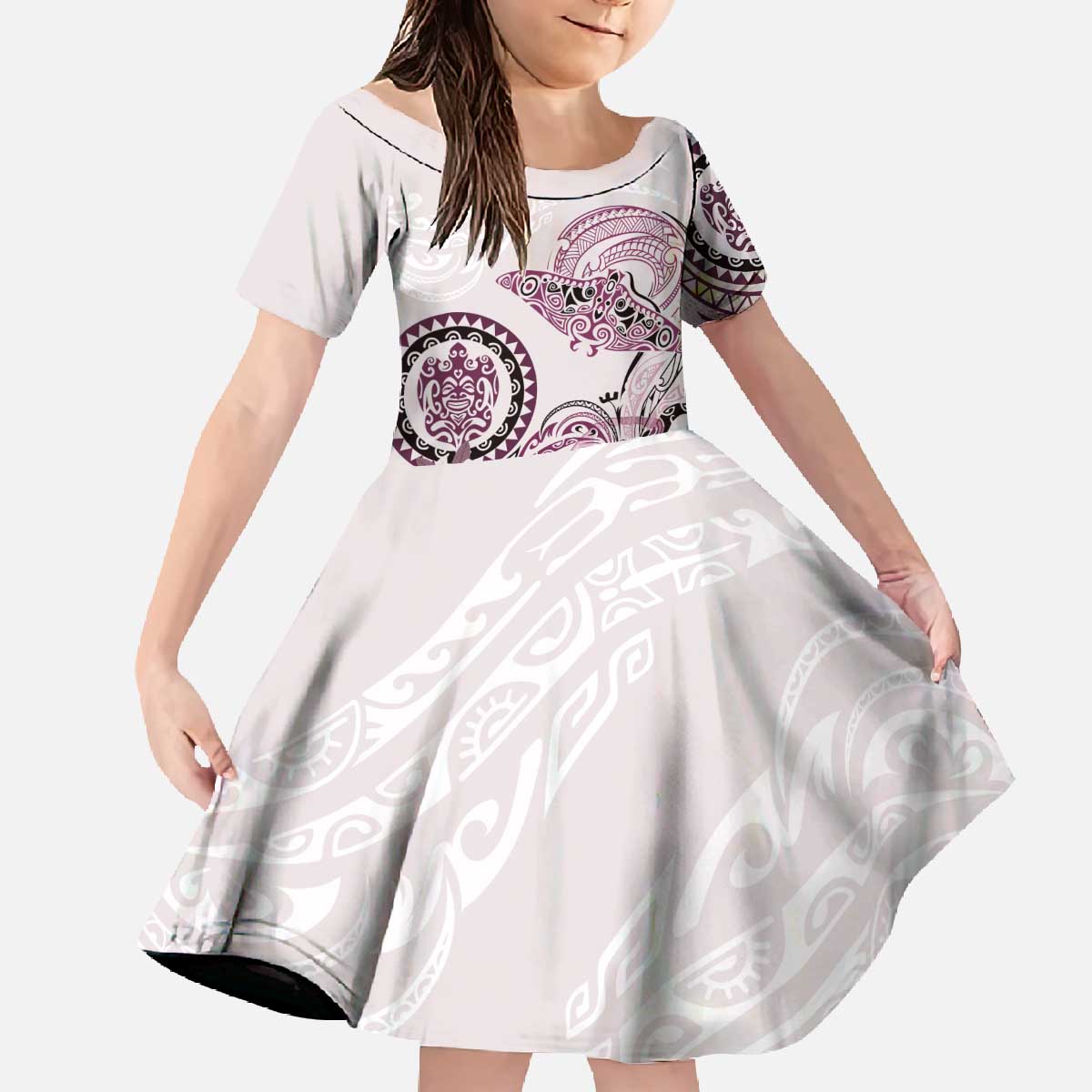 Polynesian Manta Ray Family Matching Off The Shoulder Long Sleeve Dress and Hawaiian Shirt Pink Floral Turtle Tattoo LT9 Daughter's Dress Pink - Polynesian Pride