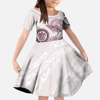 Polynesian Manta Ray Family Matching Off The Shoulder Long Sleeve Dress and Hawaiian Shirt Pink Floral Turtle Tattoo LT9 Daughter's Dress Pink - Polynesian Pride