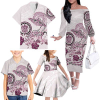 Polynesian Manta Ray Family Matching Off The Shoulder Long Sleeve Dress and Hawaiian Shirt Pink Floral Turtle Tattoo LT9 - Polynesian Pride