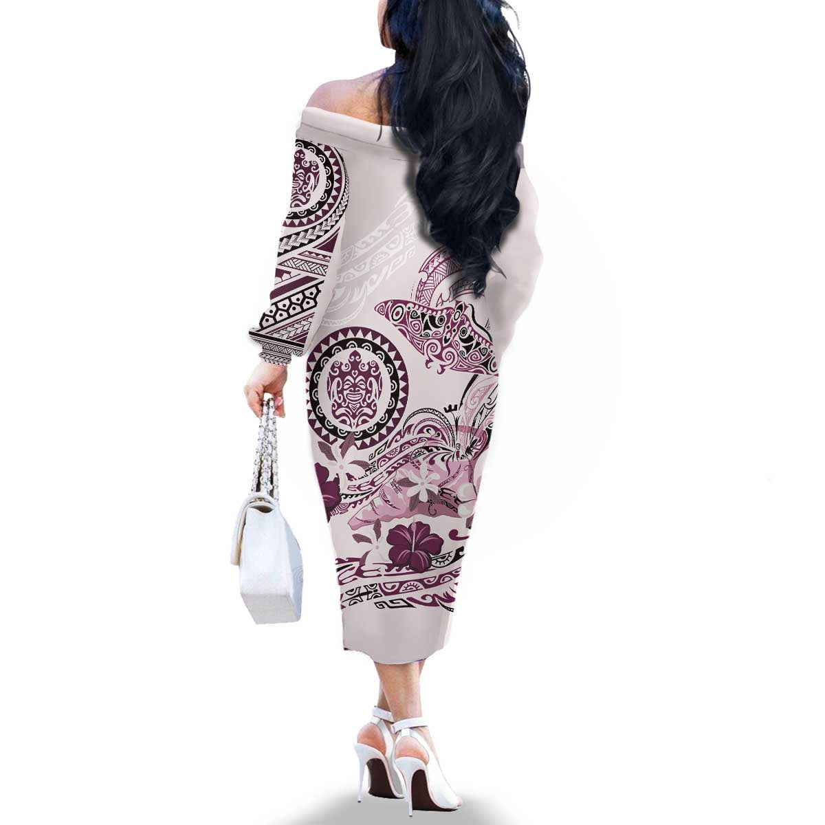 Polynesian Manta Ray Family Matching Off The Shoulder Long Sleeve Dress and Hawaiian Shirt Pink Floral Turtle Tattoo LT9 - Polynesian Pride