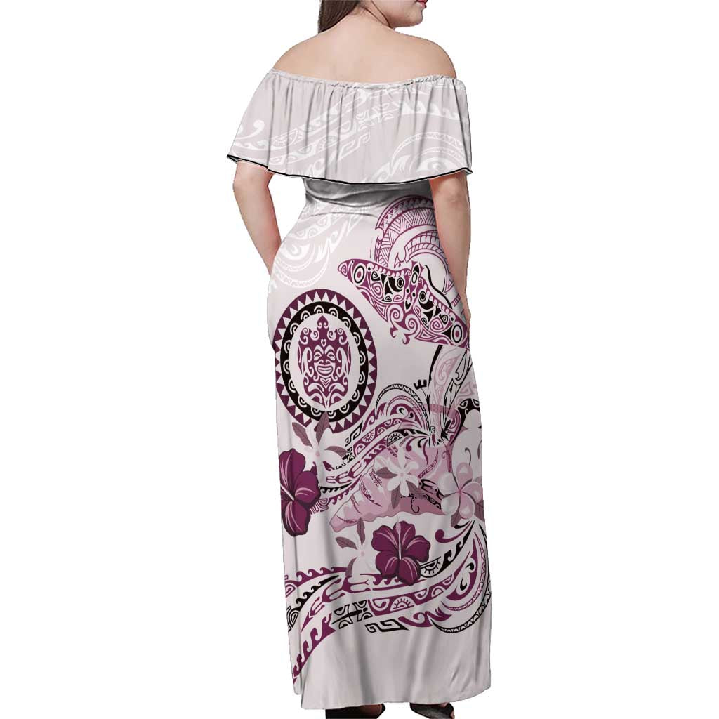 Polynesian Manta Ray Family Matching Off Shoulder Maxi Dress and Hawaiian Shirt Pink Floral Turtle Tattoo LT9 - Polynesian Pride
