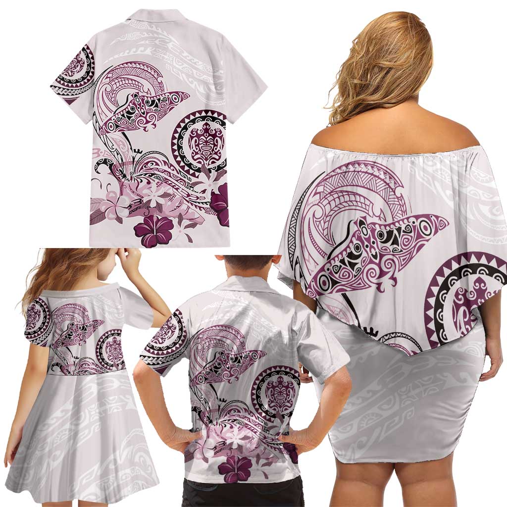 Polynesian Manta Ray Family Matching Off Shoulder Short Dress and Hawaiian Shirt Pink Floral Turtle Tattoo LT9 - Polynesian Pride
