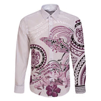Polynesian Manta Ray Family Matching Off Shoulder Short Dress and Hawaiian Shirt Pink Floral Turtle Tattoo LT9 Dad's Shirt - Long Sleeve Pink - Polynesian Pride