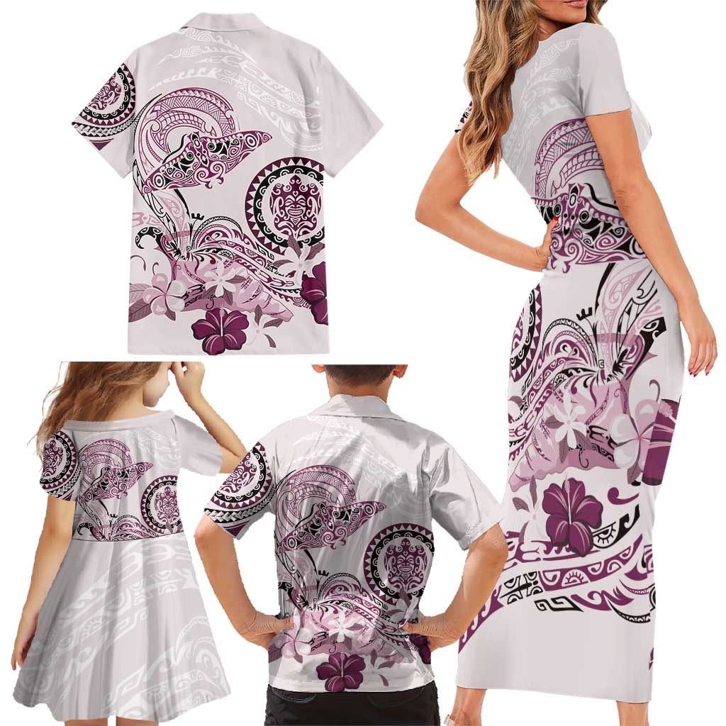 Polynesian Manta Ray Family Matching Short Sleeve Bodycon Dress and Hawaiian Shirt Pink Floral Turtle Tattoo LT9 - Polynesian Pride
