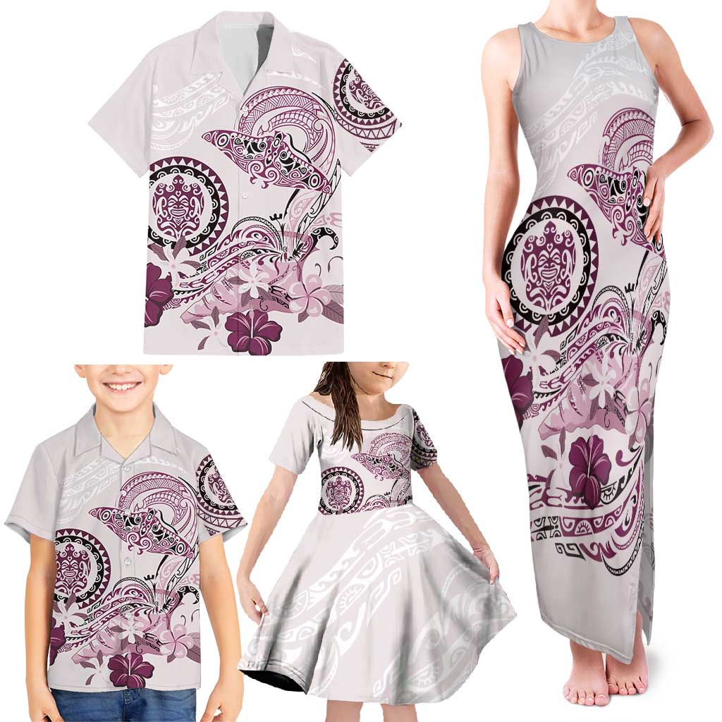 Polynesian Manta Ray Family Matching Tank Maxi Dress and Hawaiian Shirt Pink Floral Turtle Tattoo LT9 - Polynesian Pride