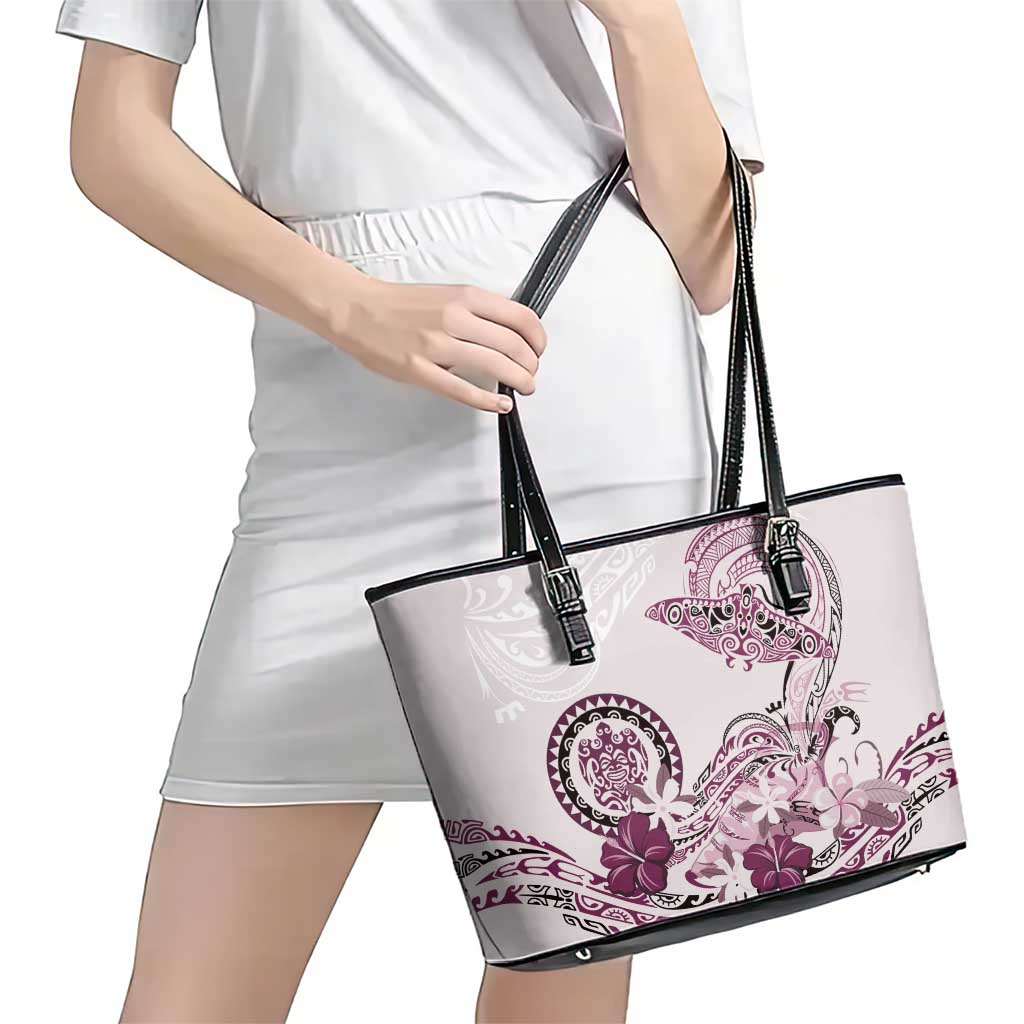 Polynesian Manta Ray Leather Tote Bag Pink Floral Turtle Tattoo - Polynesian Pride