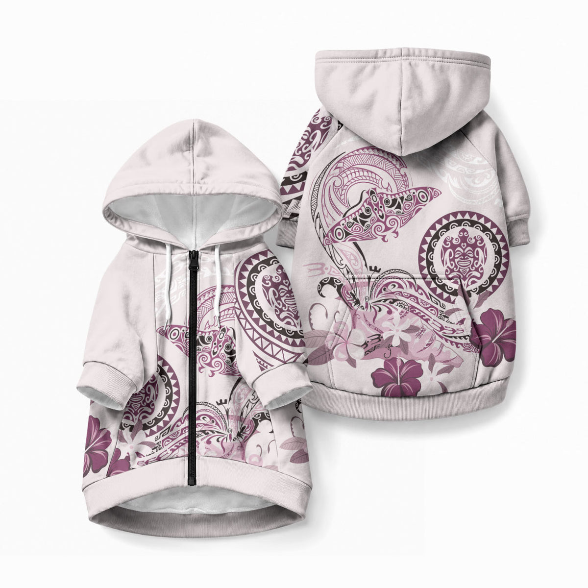 Polynesian Manta Ray Pet Hoodie Pink Floral Turtle Tattoo LT9 Zip-up Pink - Polynesian Pride