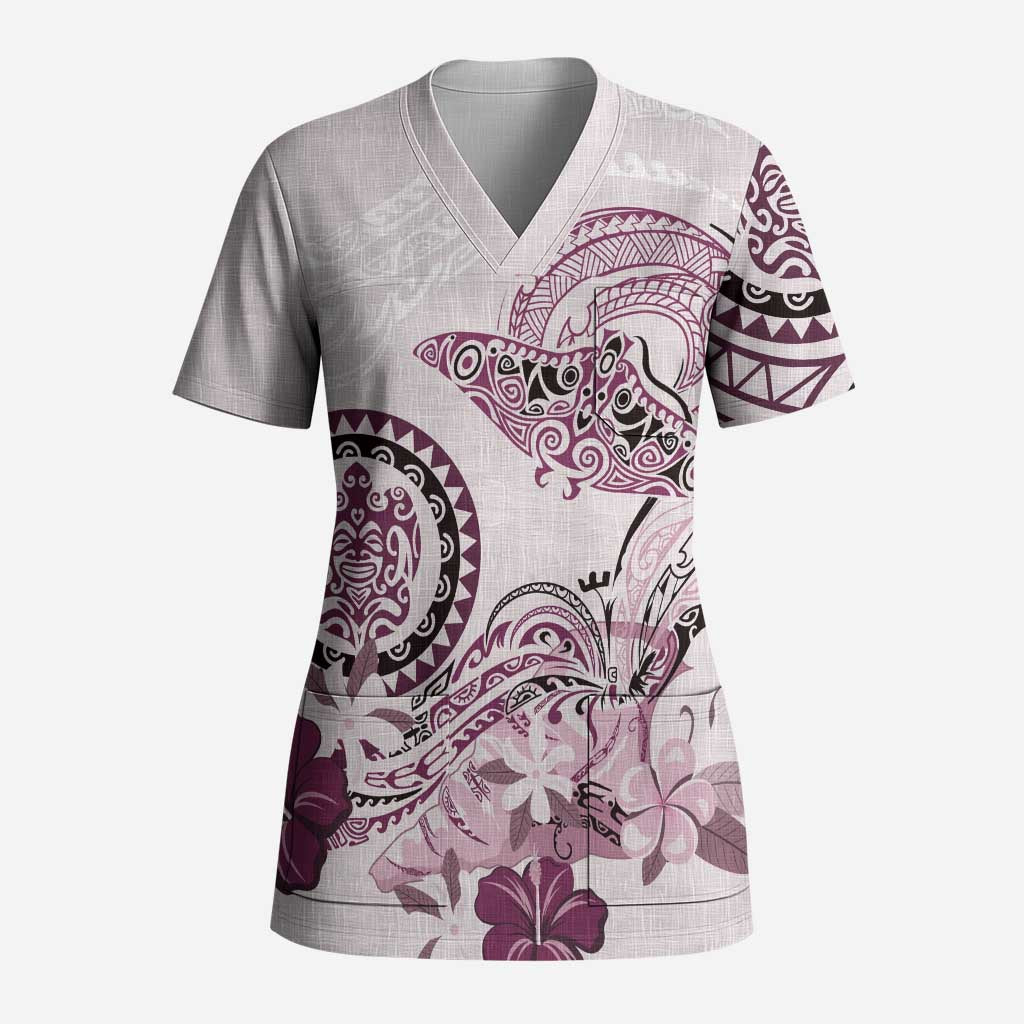 Polynesian Manta Ray Scrub Top Pink Floral Turtle Tattoo - Polynesian Pride