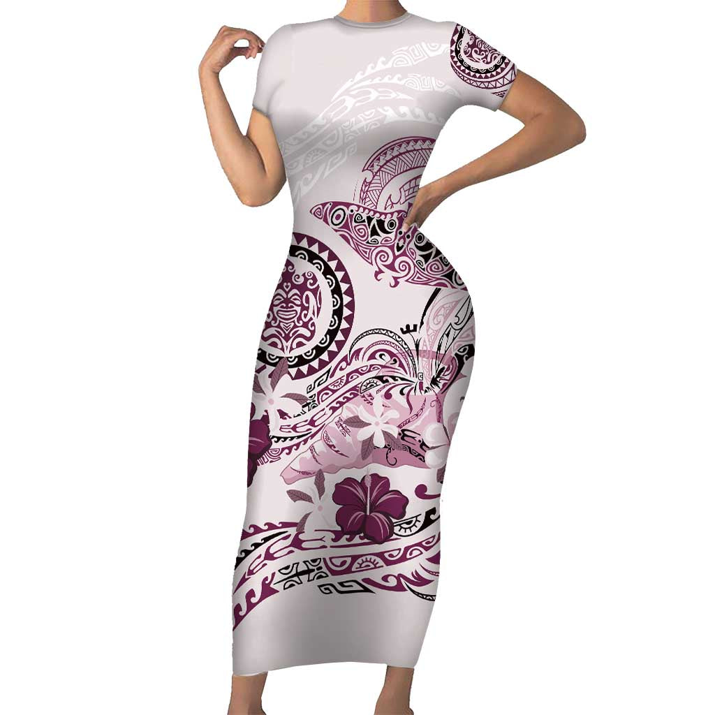 Polynesian Manta Ray Short Sleeve Bodycon Dress Pink Floral Turtle Tattoo LT9 Long Dress Pink - Polynesian Pride