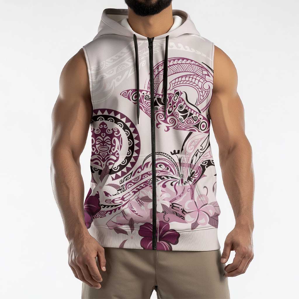 Polynesian Manta Ray Sleeveless Zip Hoodie Pink Floral Turtle Tattoo - Polynesian Pride
