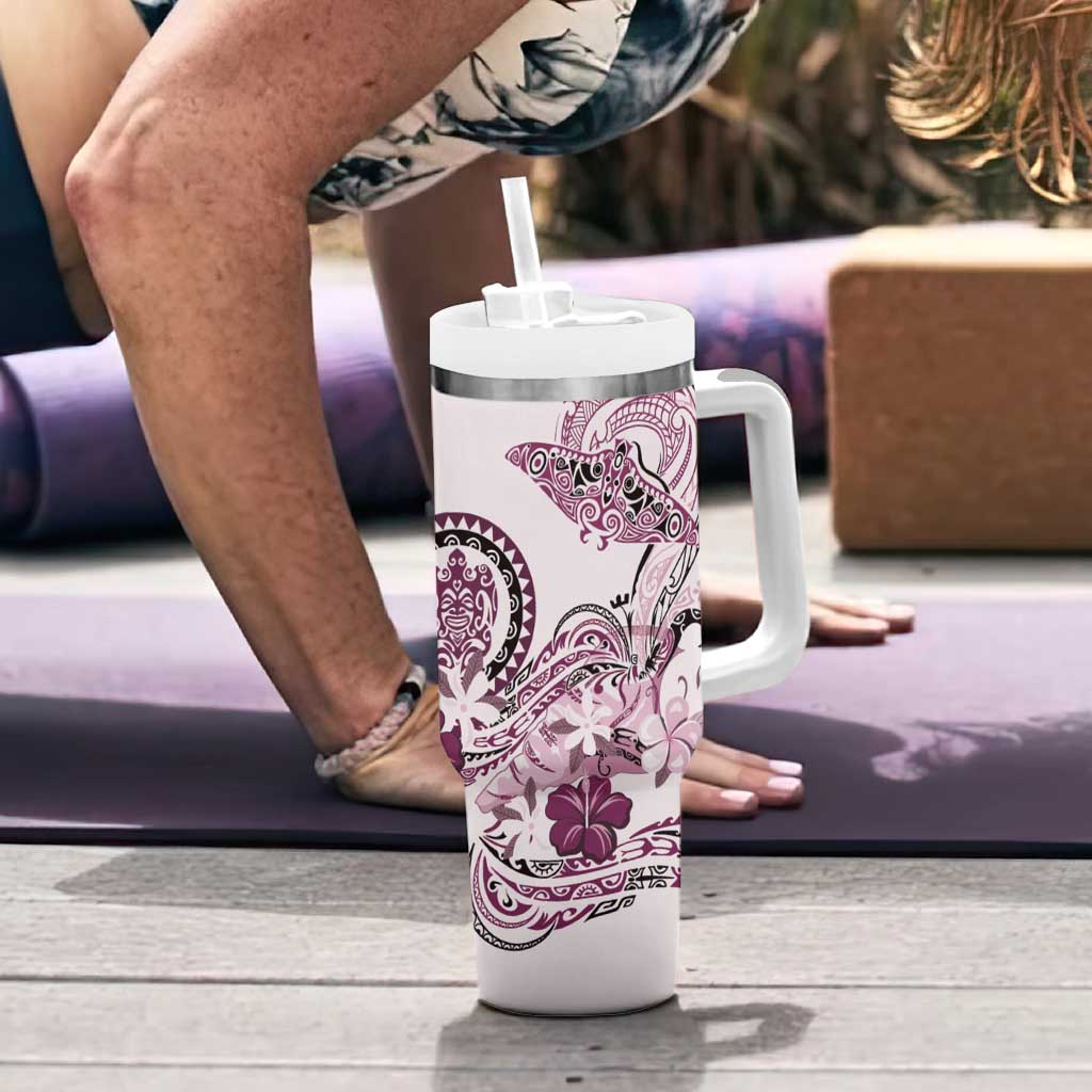 Polynesian Manta Ray Tumbler With Handle Pink Floral Turtle Tattoo LT9 - Polynesian Pride