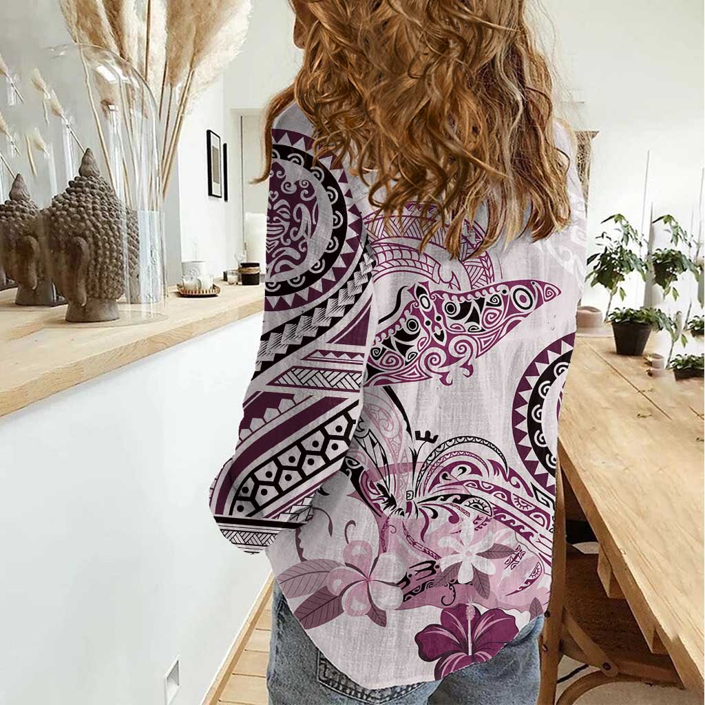 Polynesian Manta Ray Women Casual Shirt Pink Floral Turtle Tattoo LT9 - Polynesian Pride