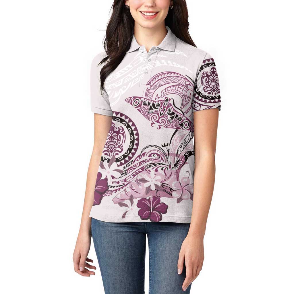 Polynesian Manta Ray Women Polo Shirt Pink Floral Turtle Tattoo LT9 - Polynesian Pride