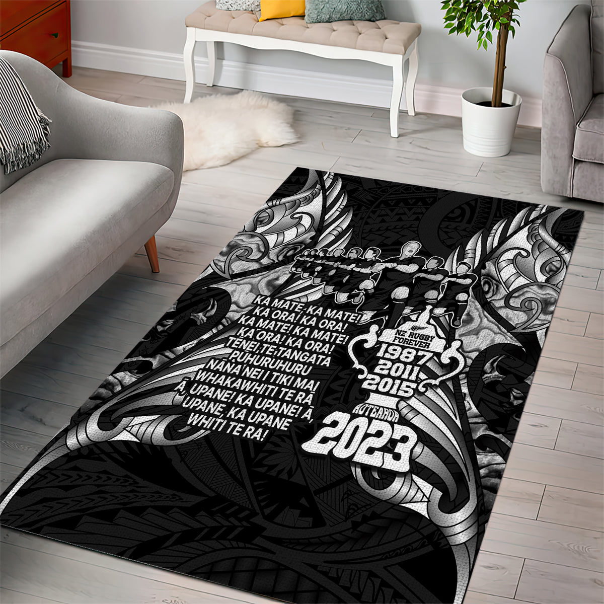 New Zealand Rugby Area Rug Black Haka Dance With NZ Champions History LT9 - Polynesian Pride