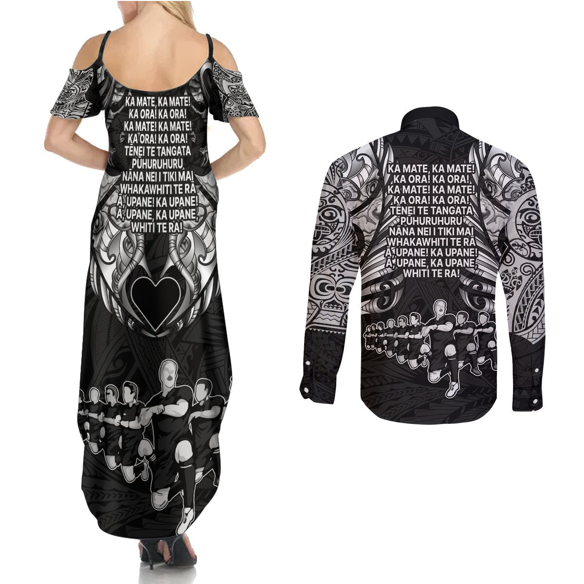 New Zealand Rugby Couples Matching Summer Maxi Dress and Long Sleeve Button Shirt Black Haka Dance With NZ Champions History LT9 - Polynesian Pride