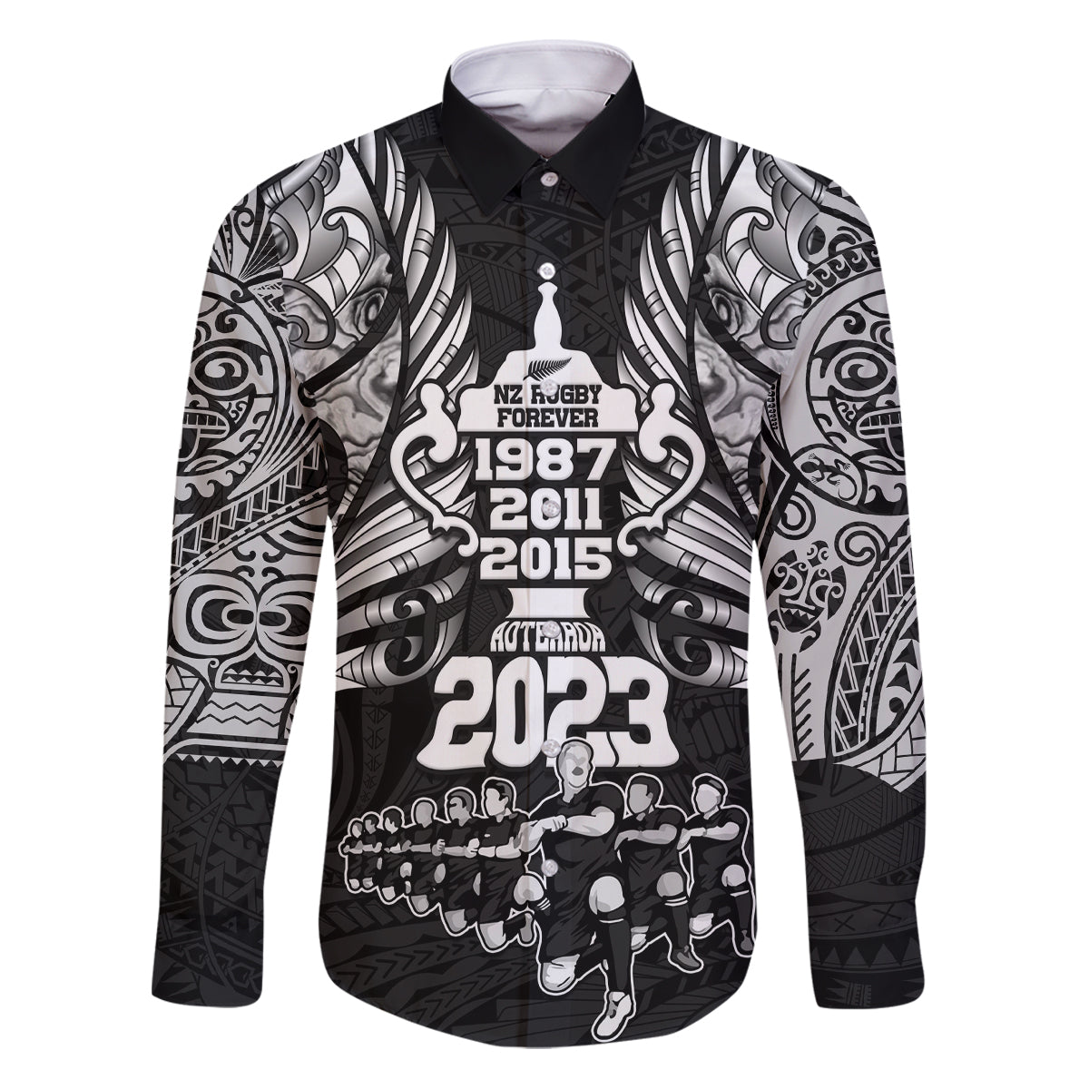 New Zealand Rugby Family Matching Puletasi Dress and Hawaiian Shirt Black Haka Dance With NZ Champions History LT9 Dad's Shirt - Long Sleeve Black - Polynesian Pride