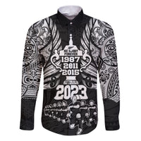 New Zealand Rugby Family Matching Puletasi Dress and Hawaiian Shirt Black Haka Dance With NZ Champions History LT9 Dad's Shirt - Long Sleeve Black - Polynesian Pride