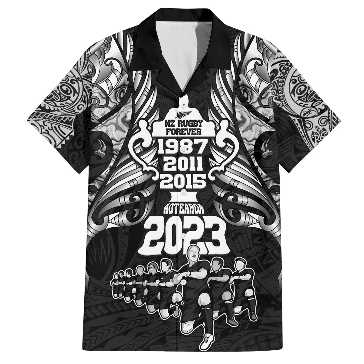 Custom New Zealand Rugby Family Matching Off Shoulder Maxi Dress and Hawaiian Shirt Black Haka Dance With NZ Champions History LT9 Dad's Shirt - Short Sleeve Black - Polynesian Pride
