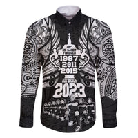 Custom New Zealand Rugby Family Matching Off Shoulder Maxi Dress and Hawaiian Shirt Black Haka Dance With NZ Champions History LT9 Dad's Shirt - Long Sleeve Black - Polynesian Pride