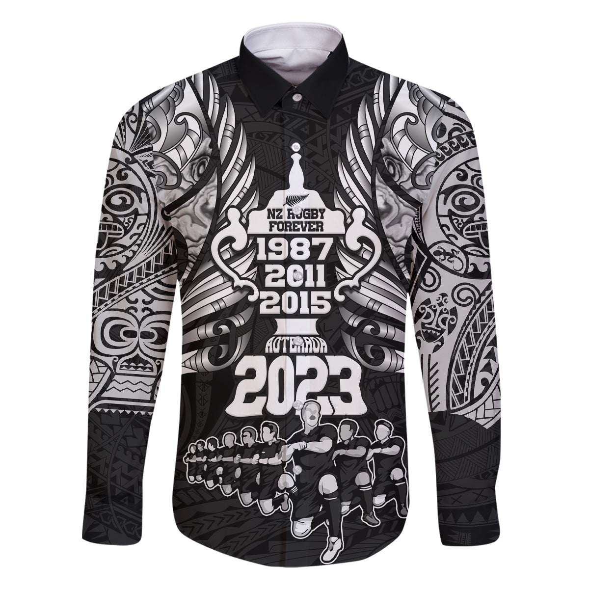 Custom New Zealand Rugby Family Matching Off Shoulder Short Dress and Hawaiian Shirt Black Haka Dance With NZ Champions History LT9 Dad's Shirt - Long Sleeve Black - Polynesian Pride