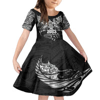 Custom New Zealand Rugby Family Matching Short Sleeve Bodycon Dress and Hawaiian Shirt Black Haka Dance With NZ Champions History LT9 Daughter's Dress Black - Polynesian Pride