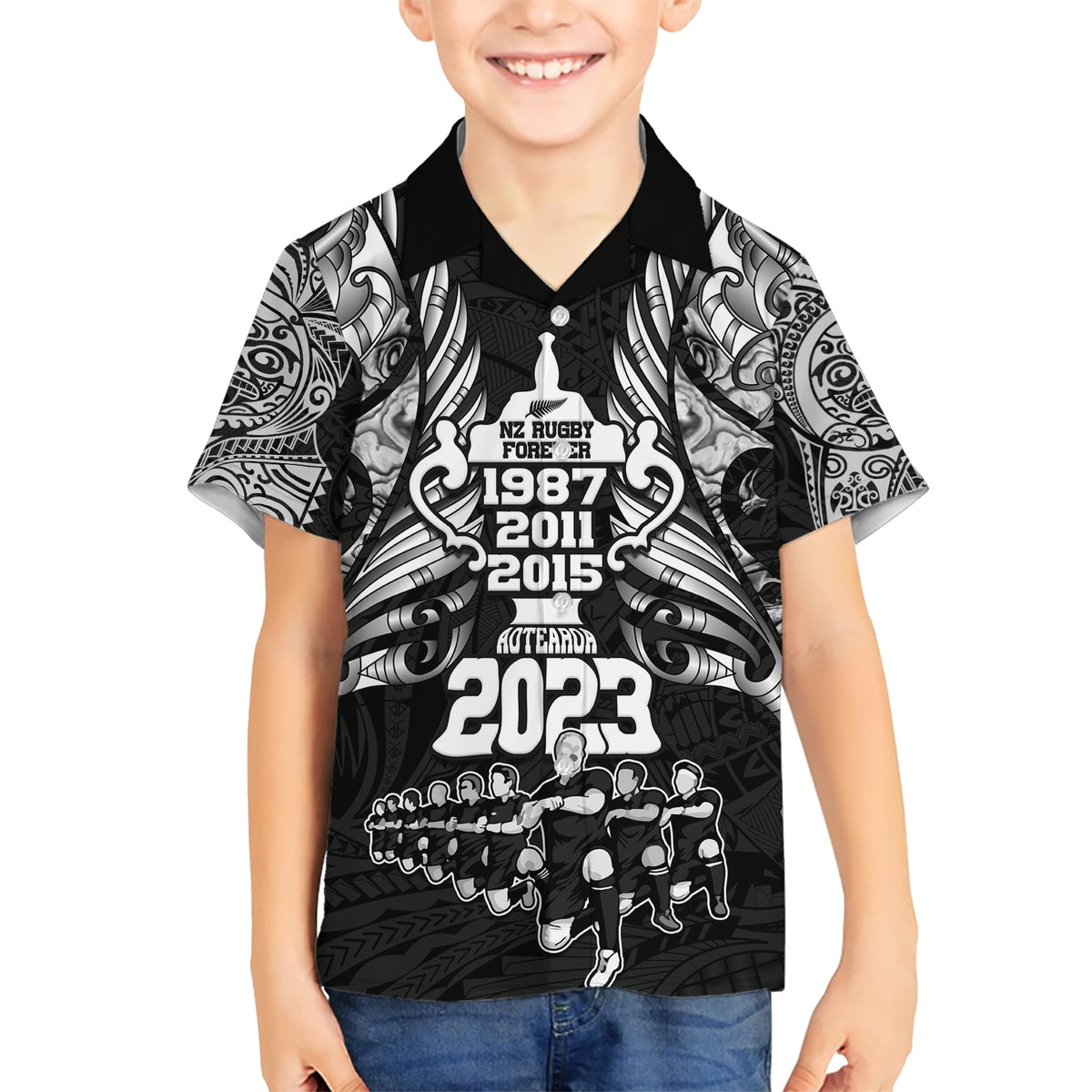 Custom New Zealand Rugby Family Matching Short Sleeve Bodycon Dress and Hawaiian Shirt Black Haka Dance With NZ Champions History LT9 Son's Shirt Black - Polynesian Pride