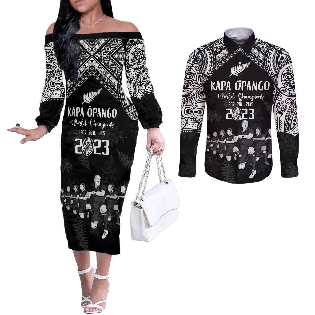 NZ Rugby Couples Matching Off The Shoulder Long Sleeve Dress and Long Sleeve Button Shirt Kapa Opango Maori Haka With Years of The All Black Champions LT9 Black - Polynesian Pride