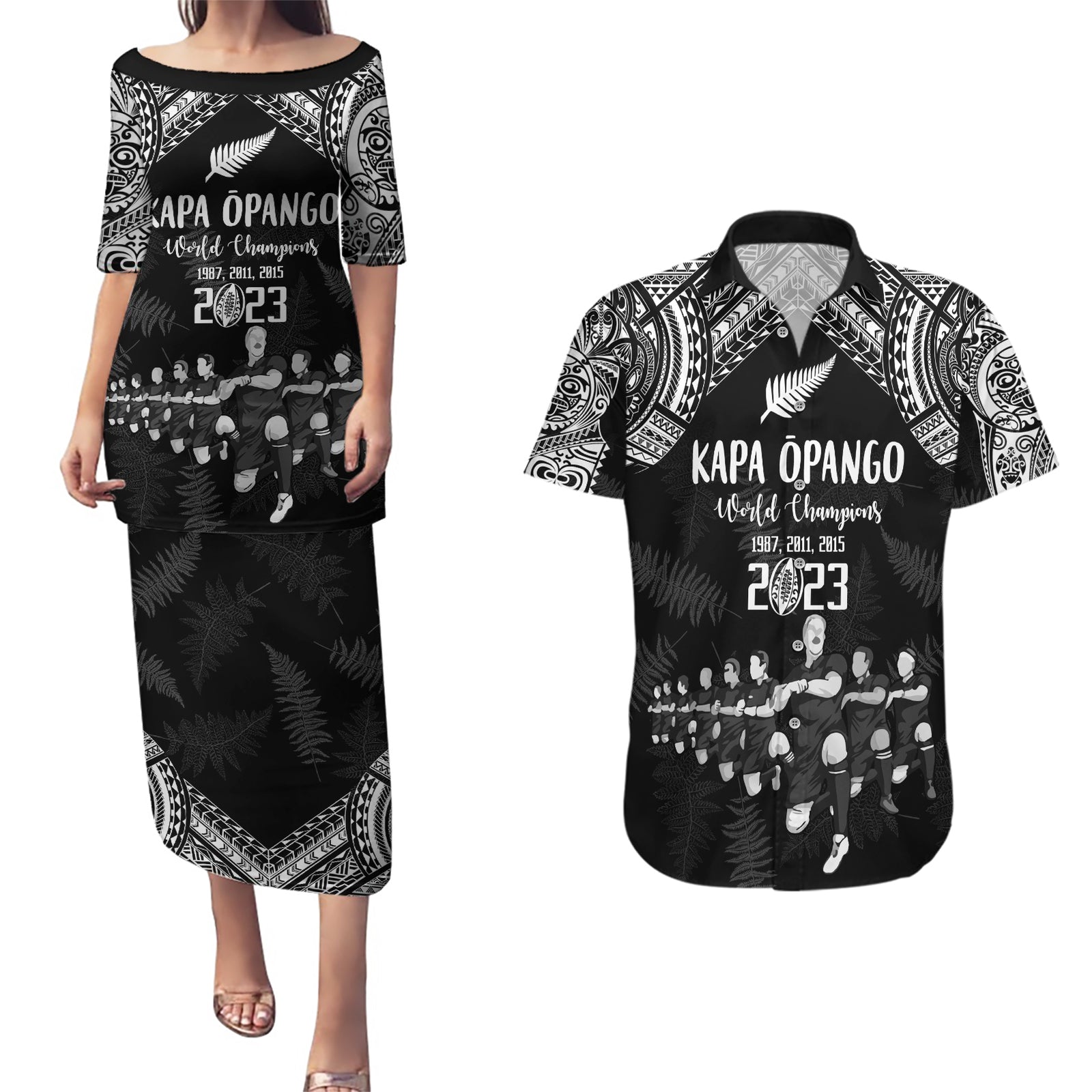 NZ Rugby Couples Matching Puletasi Dress and Hawaiian Shirt Kapa Opango Maori Haka With Years of The All Black Champions LT9 Black - Polynesian Pride