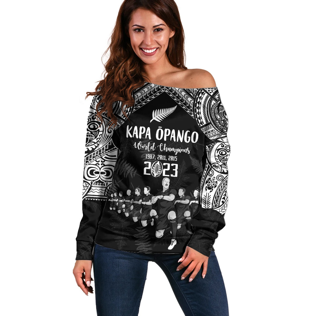NZ Rugby Off Shoulder Sweater Kapa Opango Maori Haka With Years of The All Black Champions LT9 Women Black - Polynesian Pride