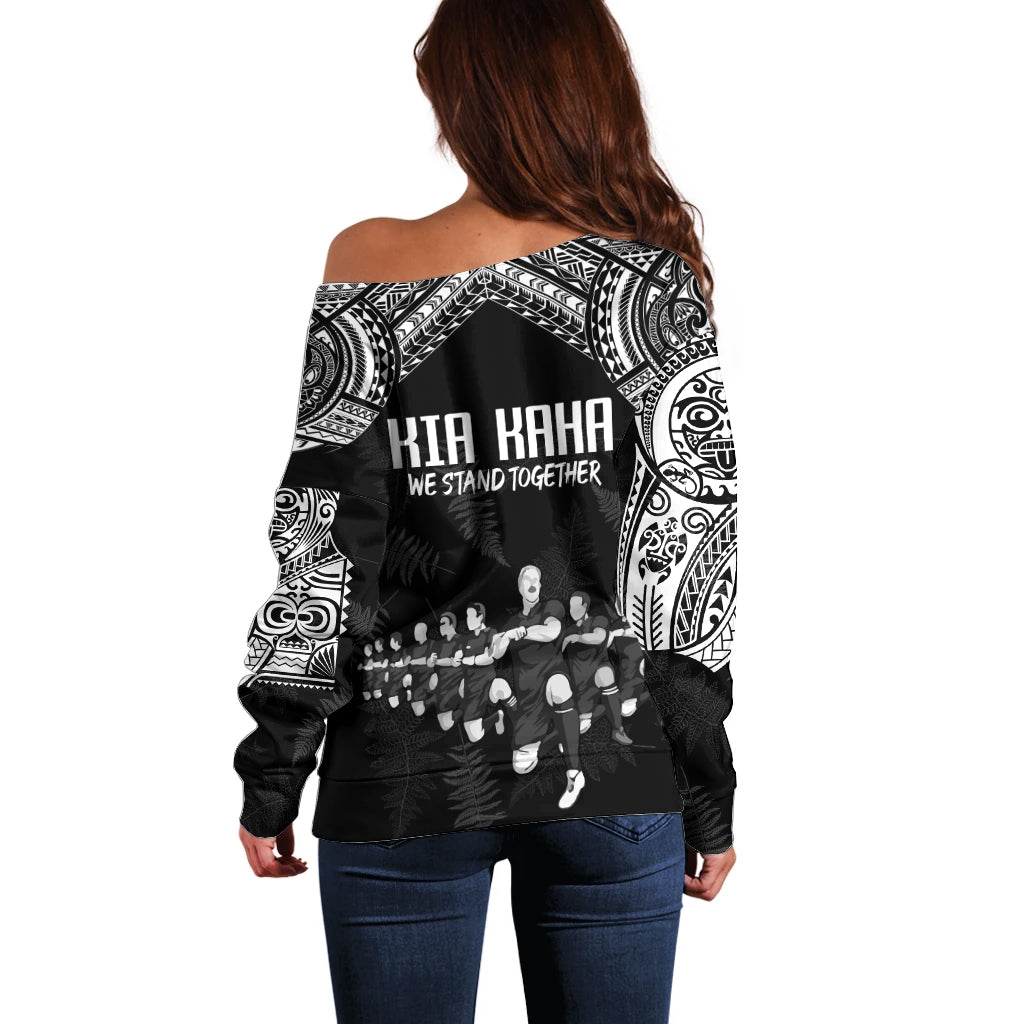 NZ Rugby Off Shoulder Sweater Kapa Opango Maori Haka With Years of The All Black Champions LT9 - Polynesian Pride