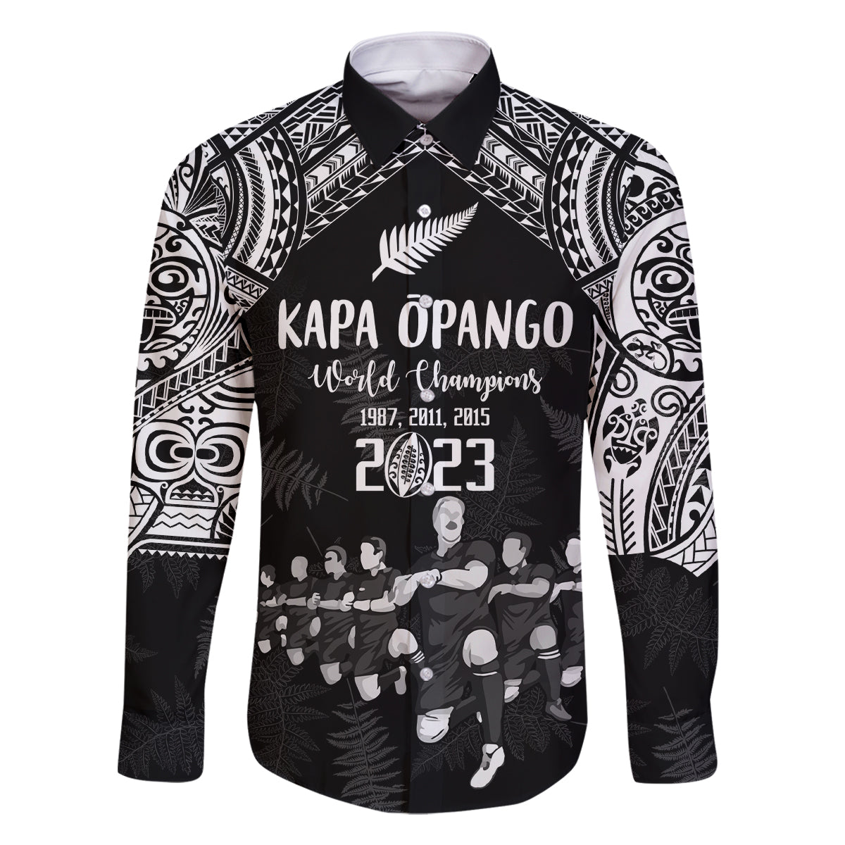 Custom NZ Rugby Family Matching Long Sleeve Bodycon Dress and Hawaiian Shirt Kapa Opango Maori Haka With Years of The All Black Champions LT9 Dad's Shirt - Long Sleeve Black - Polynesian Pride