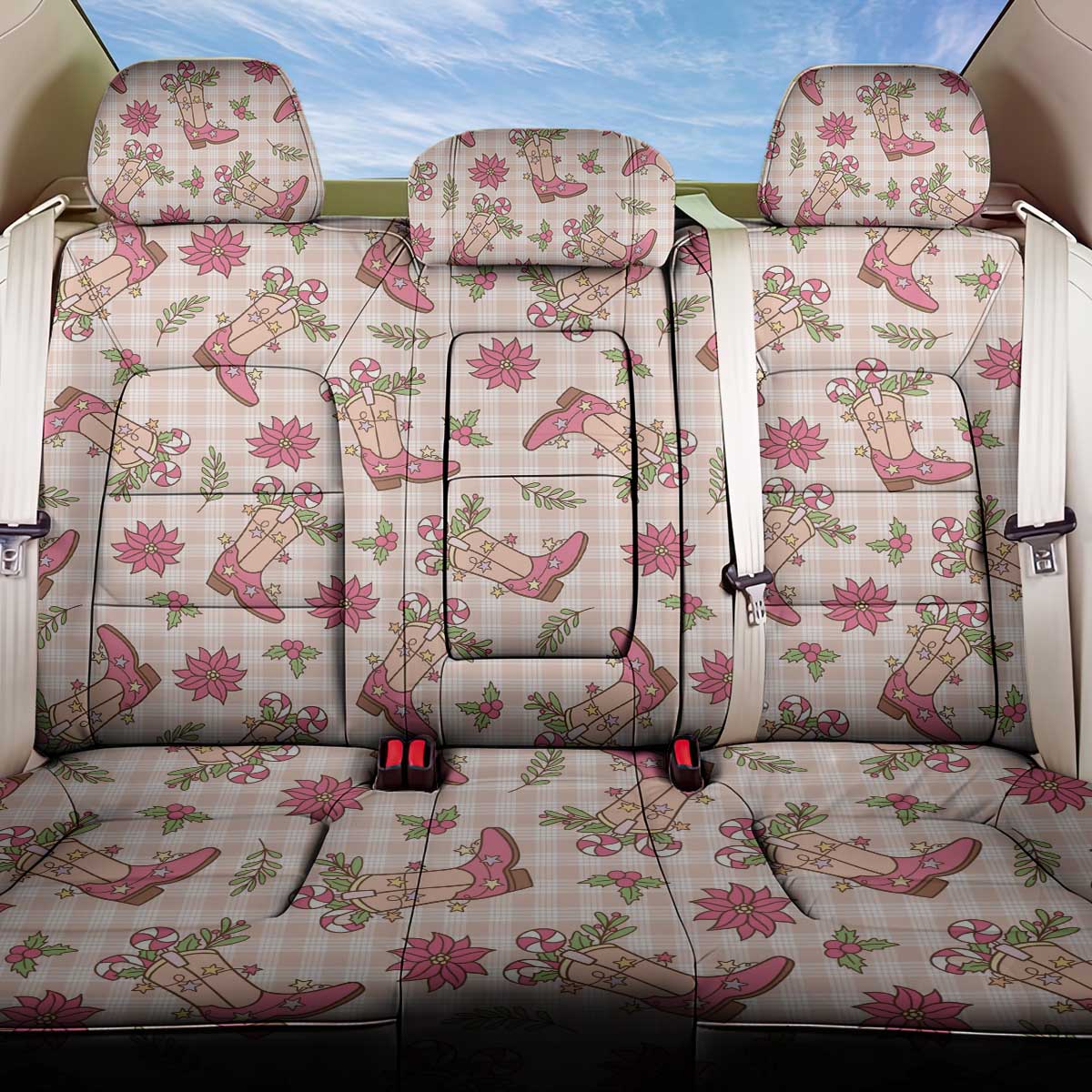Beige Paniolo Palaka Hawaiian Cowgirl Christmas Back Car Seat Cover - Polynesian Pride