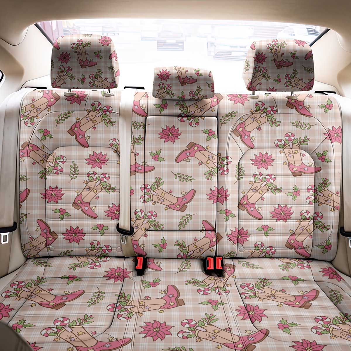 Beige Paniolo Palaka Hawaiian Cowgirl Christmas Back Car Seat Cover - Polynesian Pride