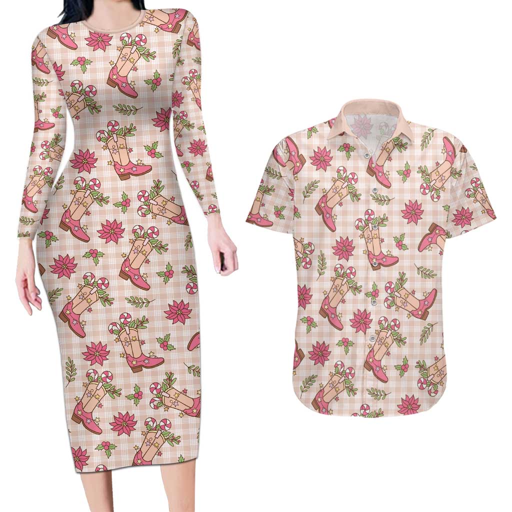 Beige Paniolo Palaka Hawaiian Cowgirl Christmas Couples Matching Long Sleeve Bodycon Dress and Hawaiian Shirt - Polynesian Pride