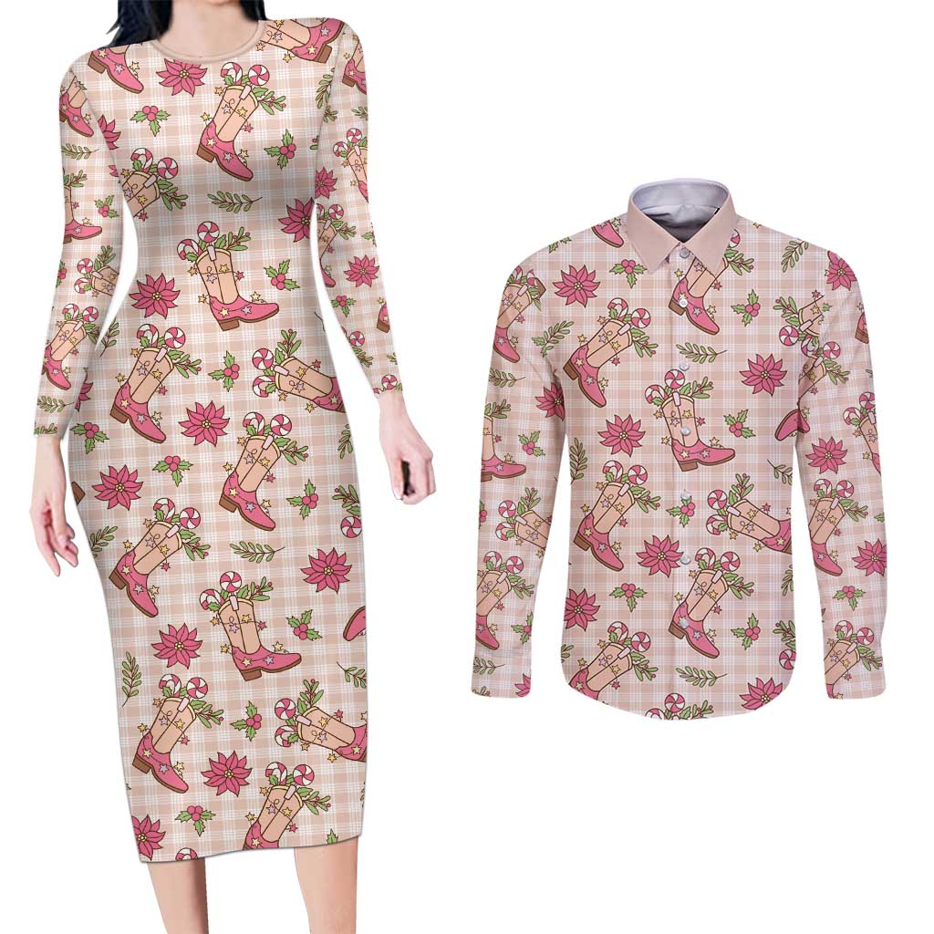 Beige Paniolo Palaka Hawaiian Cowgirl Christmas Couples Matching Long Sleeve Bodycon Dress and Long Sleeve Button Shirt - Polynesian Pride